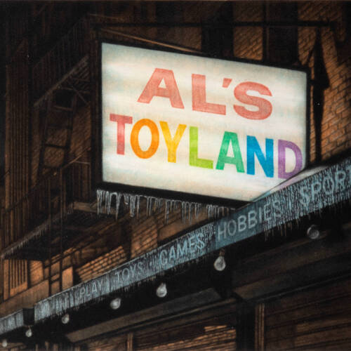 Colorful print of the exterior of a building with icicles and a sign that reads "Al's Toyland."